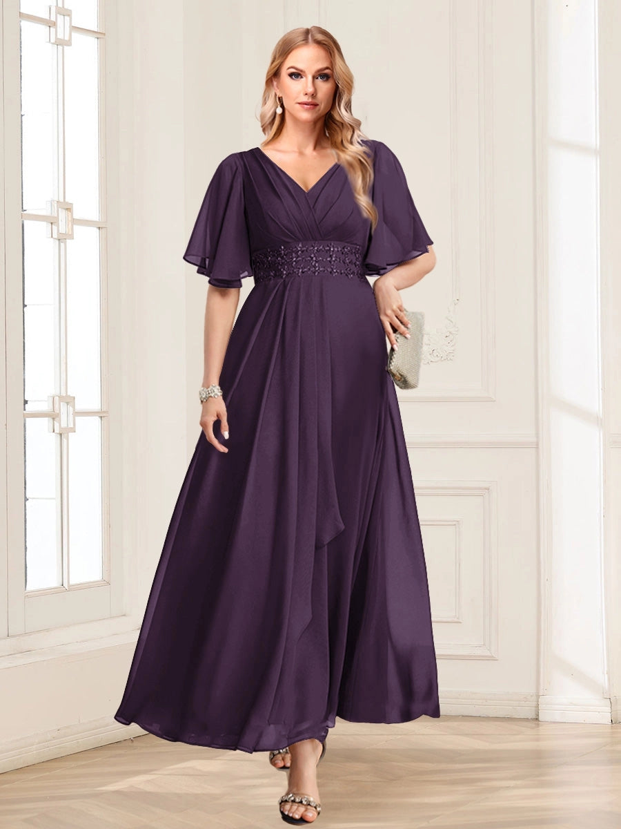 Elegant A-Line V-Neck Flutter-Sleeve Zipper-Back Floor-Length Mother of the Bride Dress