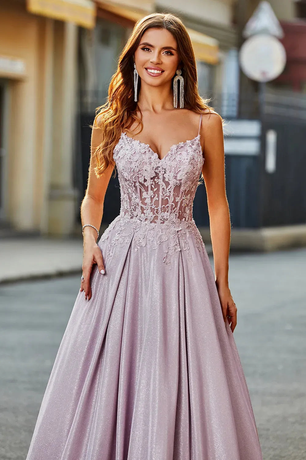 Romantic A-Line Sweetheart Spaghetti Strap Illusion Back Floor Length Blush Prom Dress