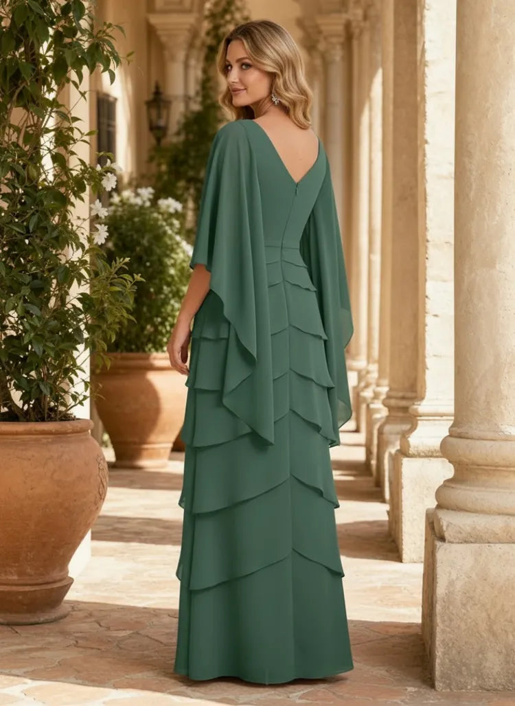 Elegant A-Line V-Neck Cape-Sleeve Chiffon Floor-Length Mother of the Bride Dress
