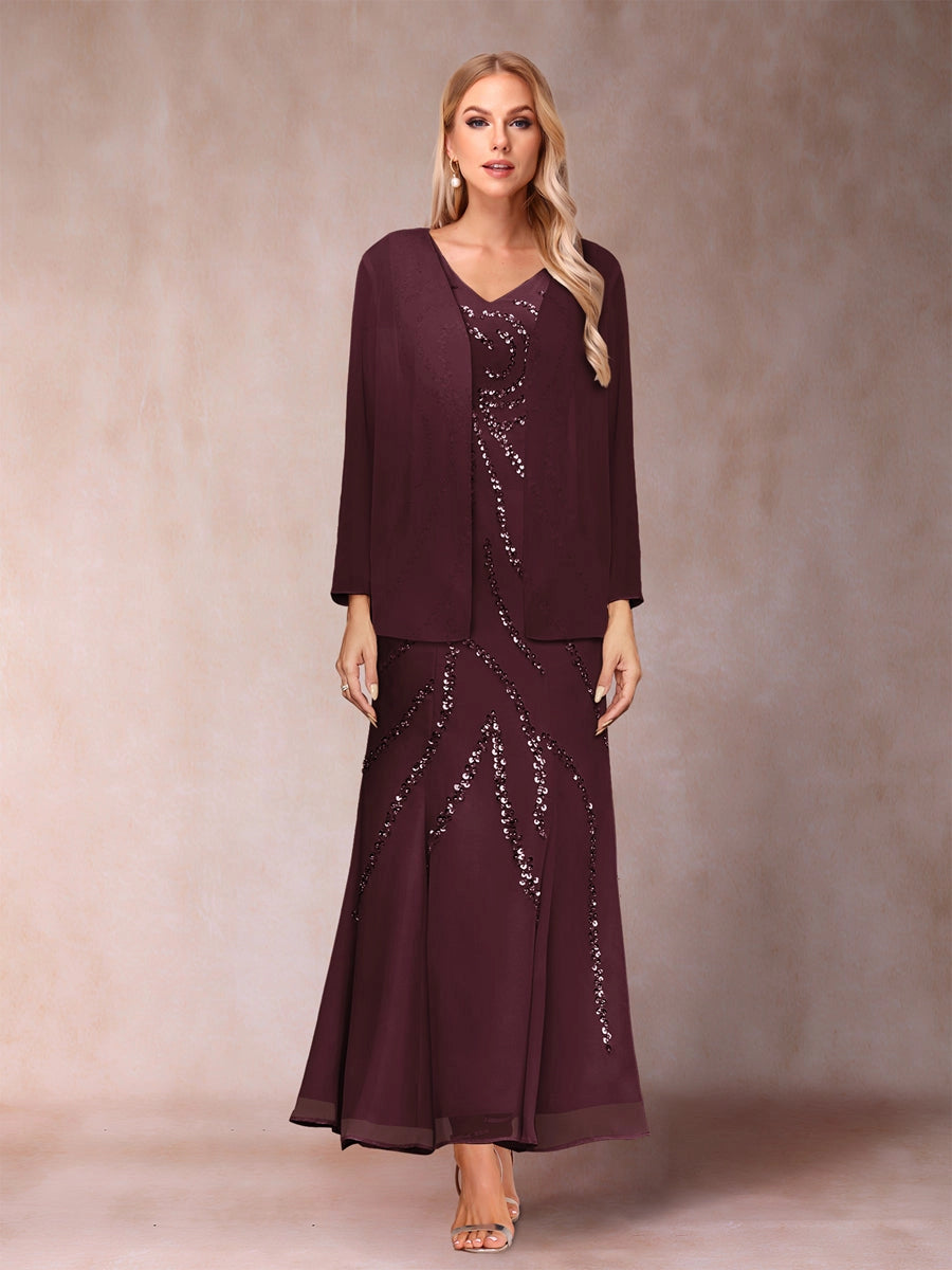 Elegant A-Line V-Neck Three-Quarter-Sleeve Covered-Back Maxi Mother of the Bride Dress