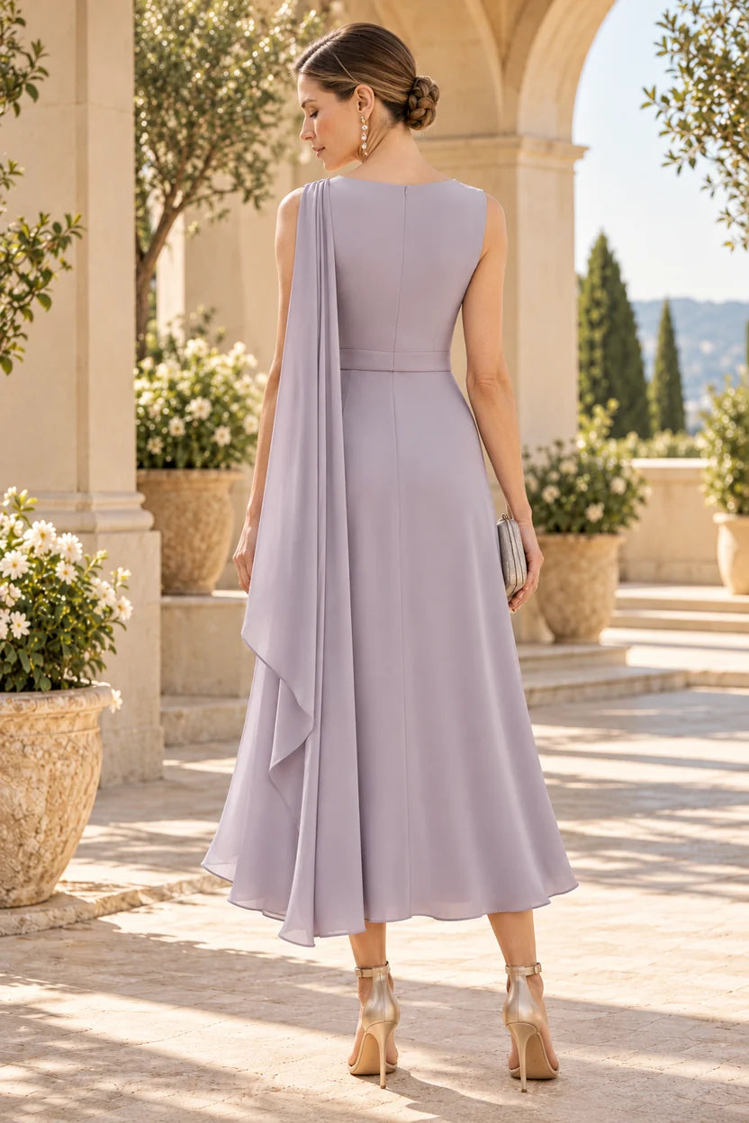 Elegant A-Line Asymmetric Cap Sleeve Chiffon Mother of the Bride Dress