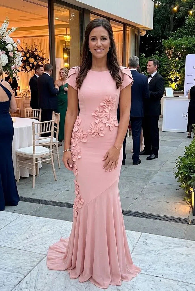 Elegant Mermaid Round Neck Cap Sleeve Crepe Floor Length Evening Dress