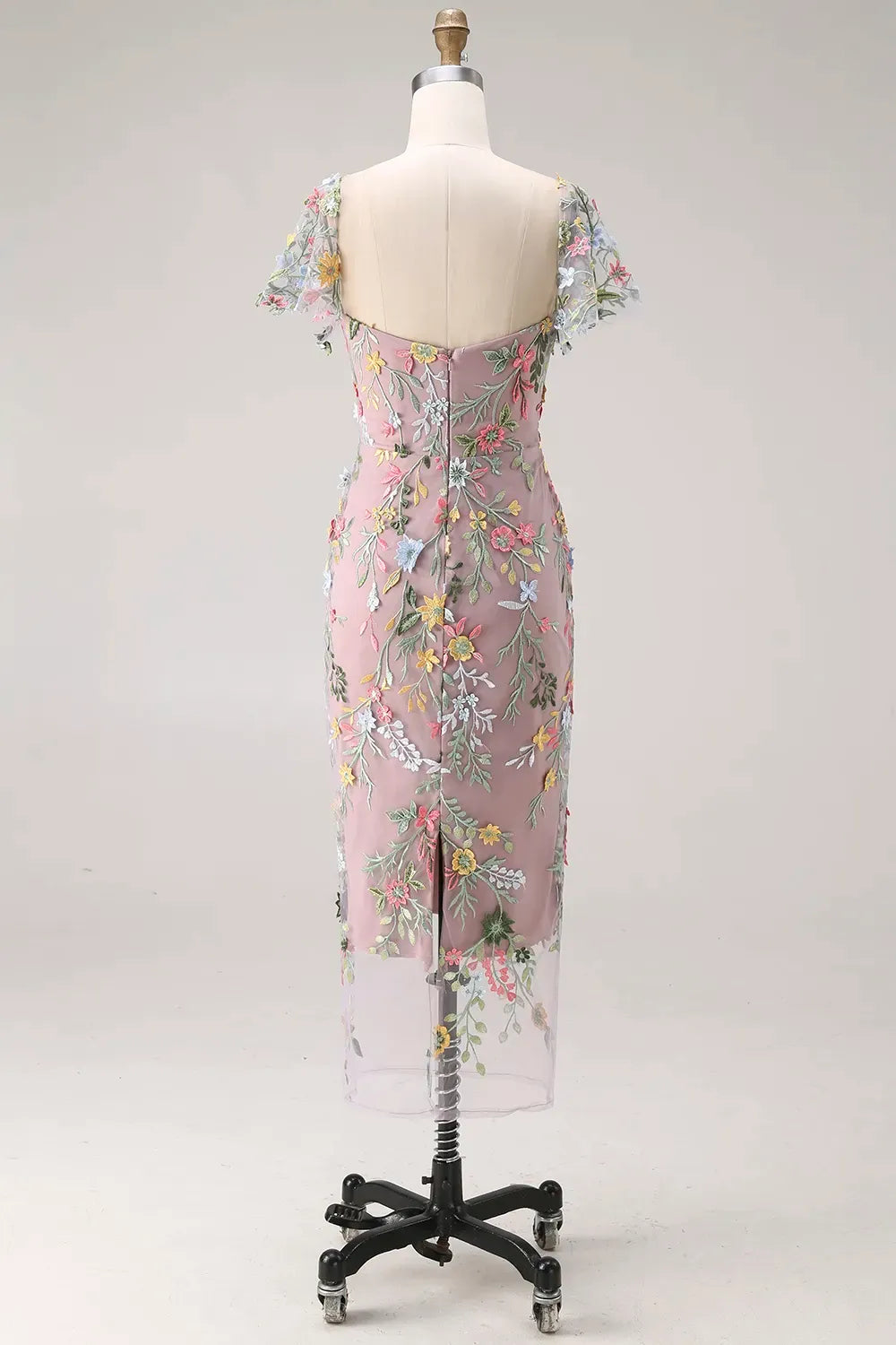 Romantic Floral Sheath Sweetheart Flutter-Sleeve Scoop-Back Midi Wedding Guest Dress