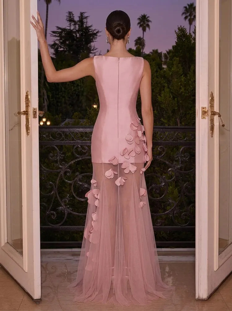 Elegant Sheath Bateau Neck Sleeveless Satin Tulle Floor-Length Wedding Guest Dress