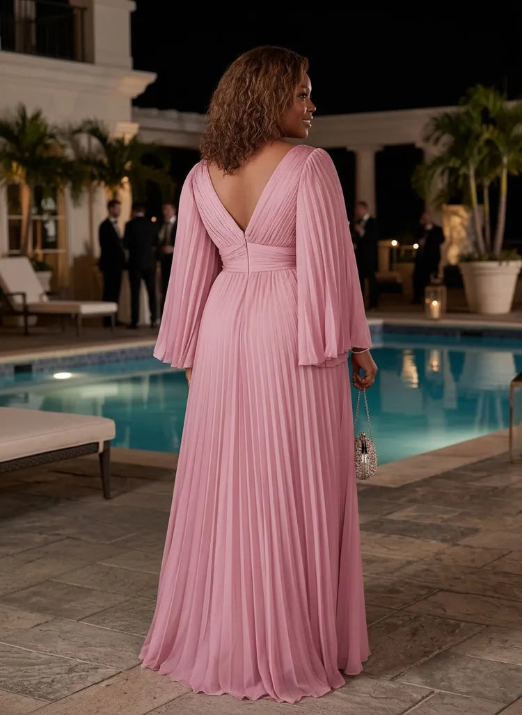 Romantic A-Line V-Neck Bishop Sleeve Chiffon Plus Size Evening Dress