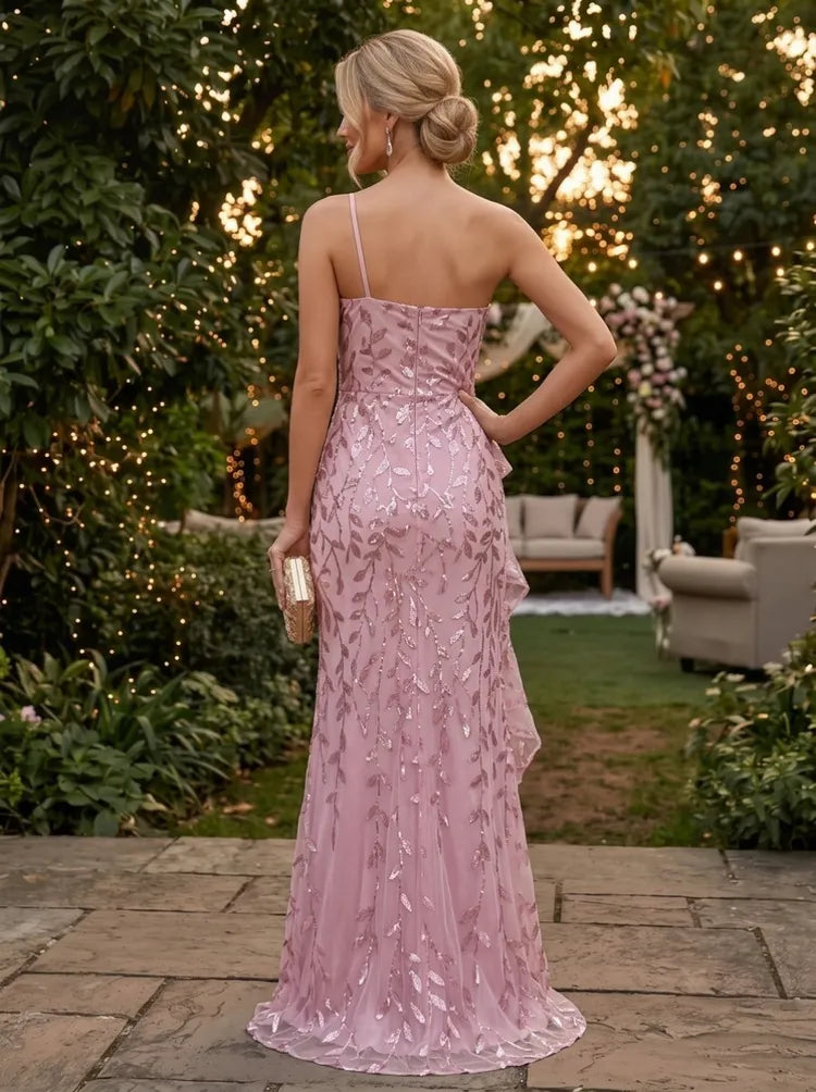 Romantic Sheath Asymmetric Neck Sleeveless Sequin Tulle Floor-Length Wedding Guest Dress