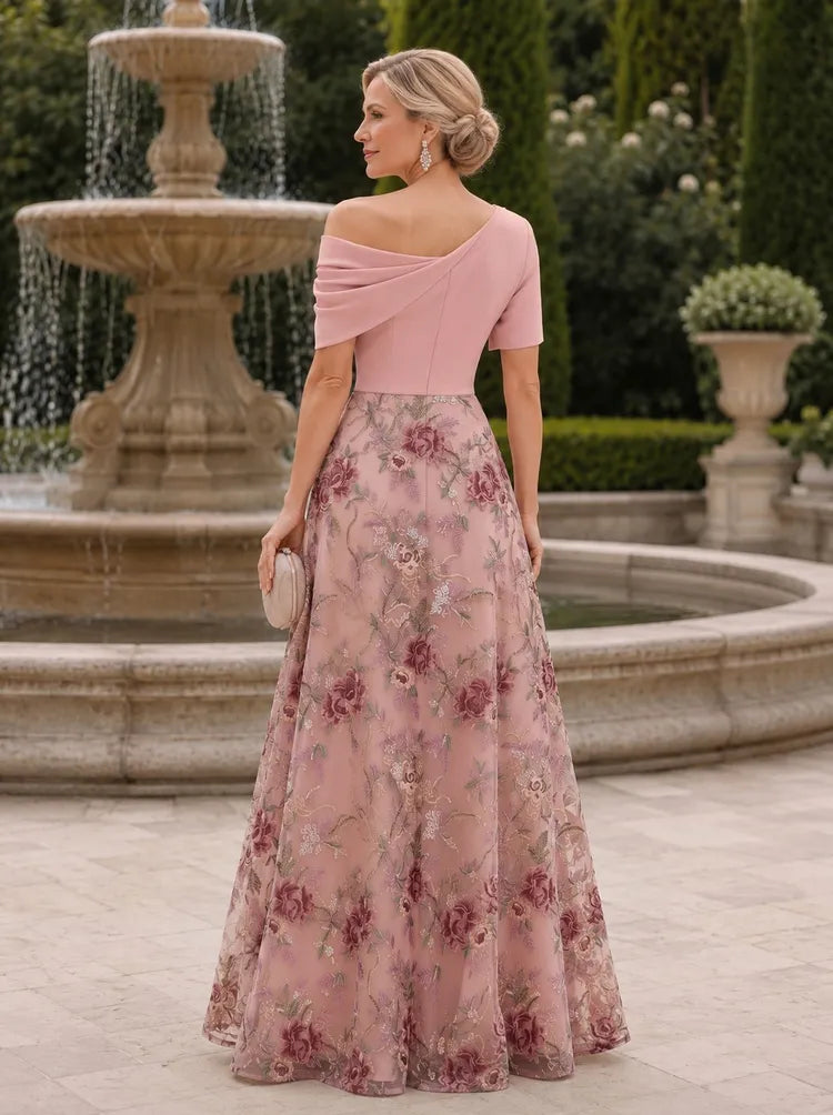 Elegant A-Line Asymmetric-Neck Short-Sleeve Embroidered Floor-Length Mother of the Bride Dress