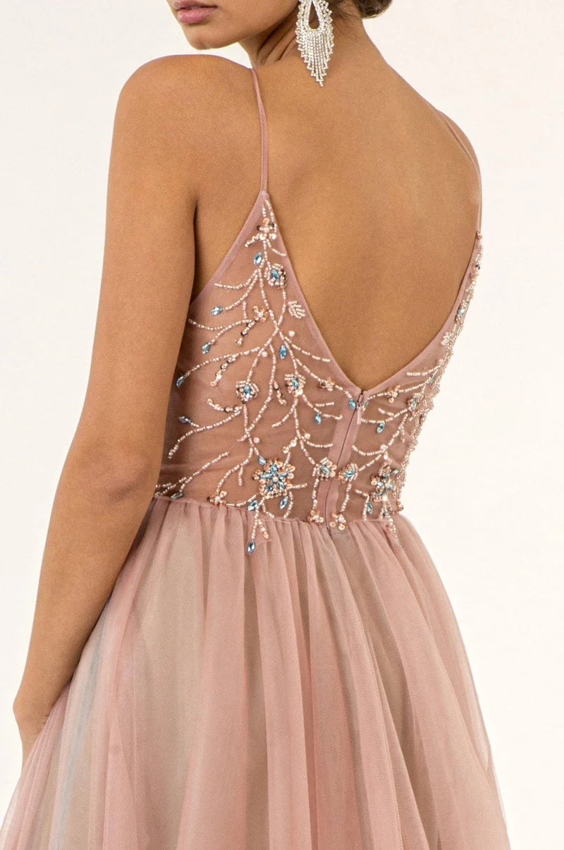 Romantic A-Line V-Neck Spaghetti-Strap Low-Back Beaded Floor-Length Prom Dress