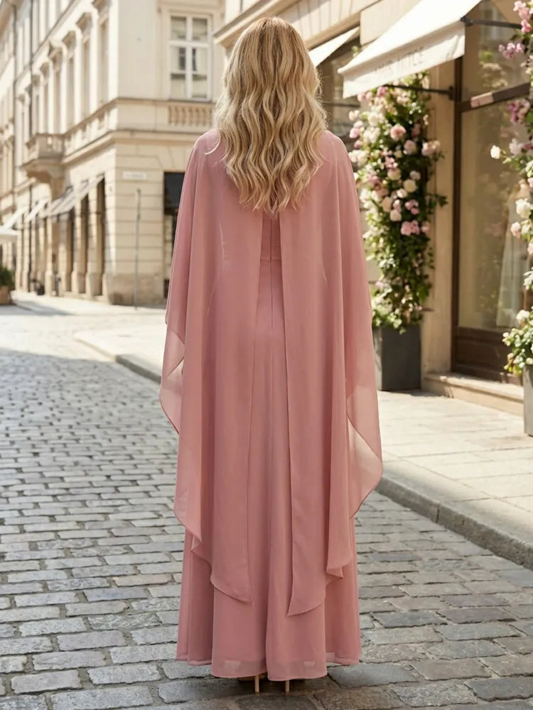 Elegant A-Line V-Neck Cape-Sleeve Chiffon Floor-Length Mother of the Bride Dress