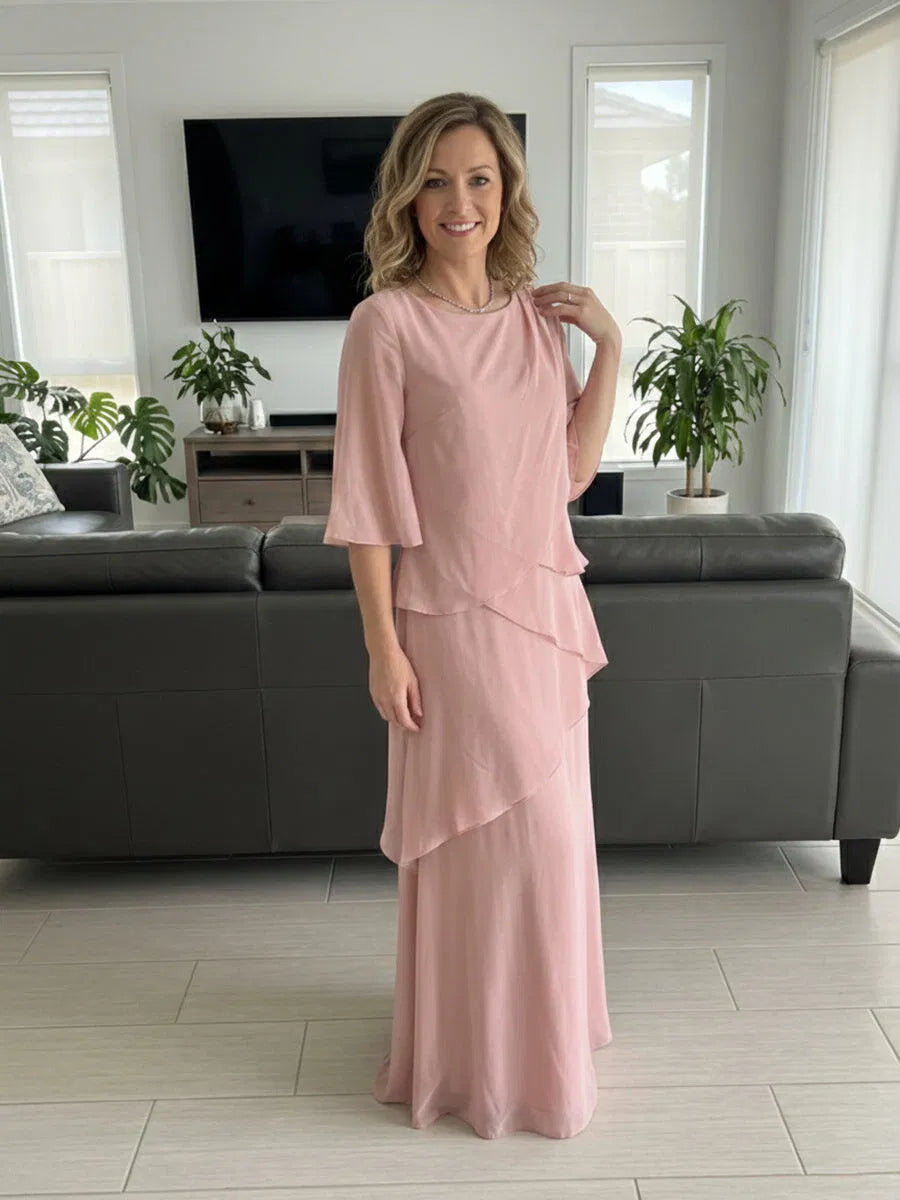Elegant A-Line Round-Neck Three-Quarter-Sleeve Chiffon Floor-Length Mother of the Bride Dress
