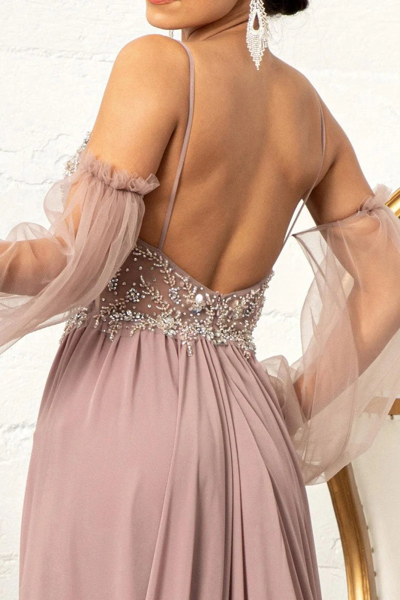 Romantic A-Line V-Neck Spaghetti-Strap Sheer-Sleeve Low-Back Floor-Length Prom Dress