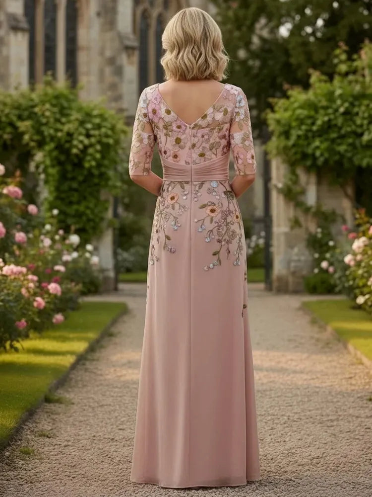 Elegant A-Line V-Neck Three-Quarter-Sleeve Chiffon Floor-Length Mother of the Bride Dress