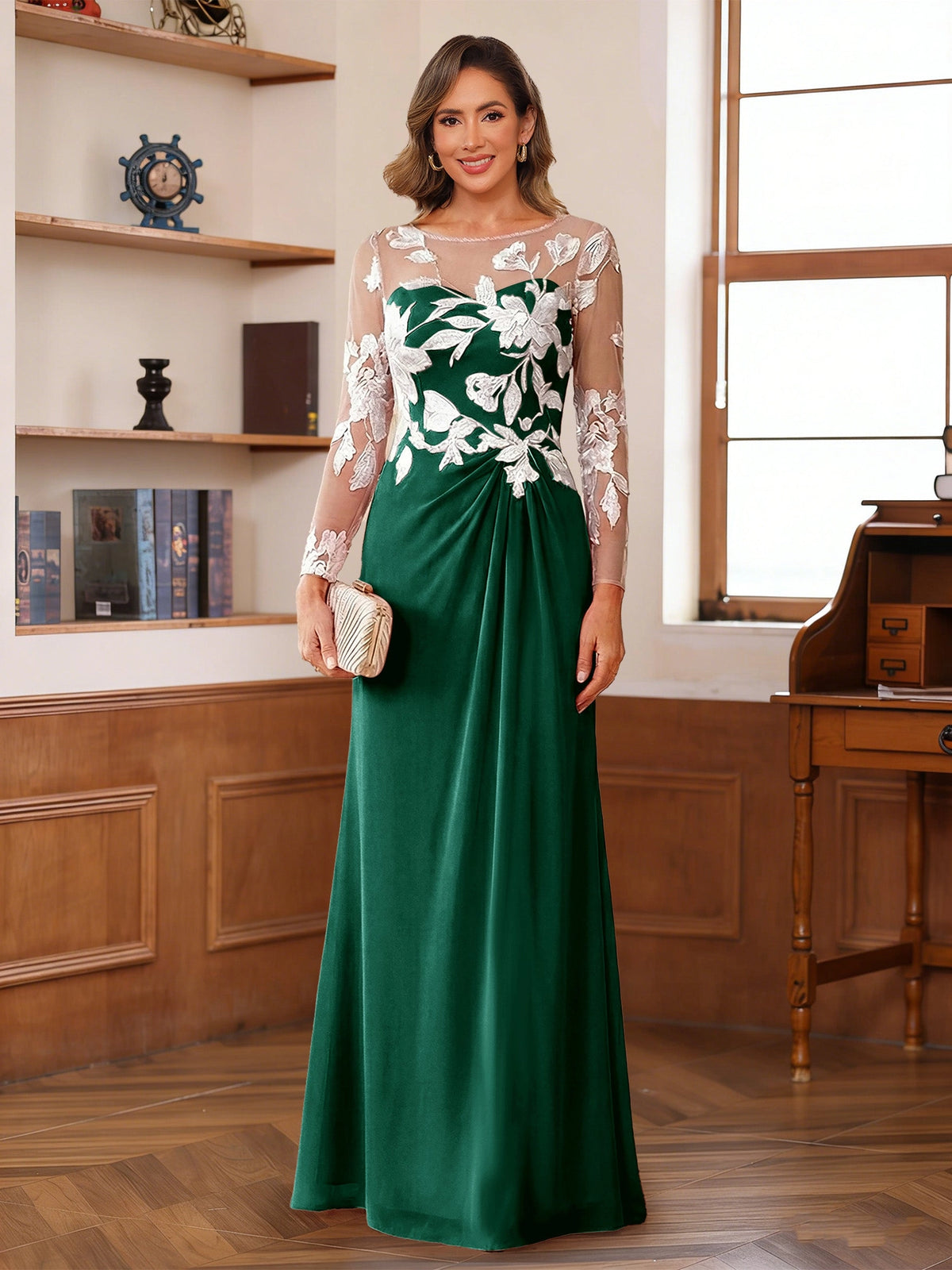 Elegant A-Line Illusion Neck Long Sleeve Button Back Floor-Length Mother of the Bride Dress