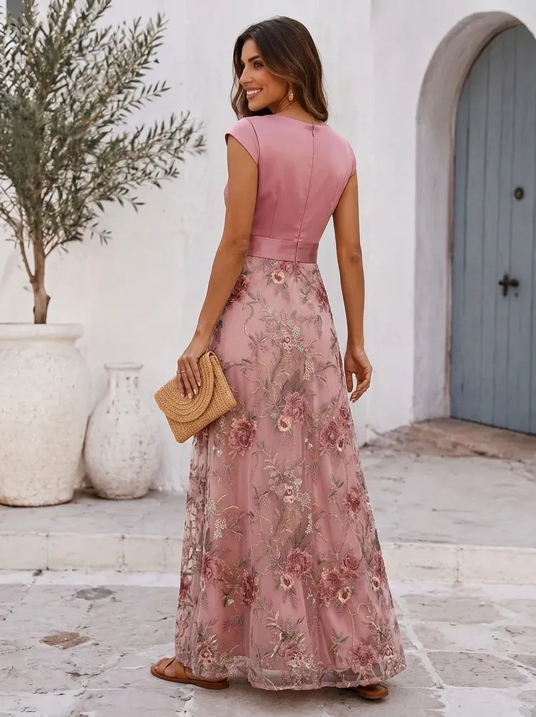 Elegant A-Line V-Neck Cap-Sleeve Lace Floor-Length Mother of the Bride Dress