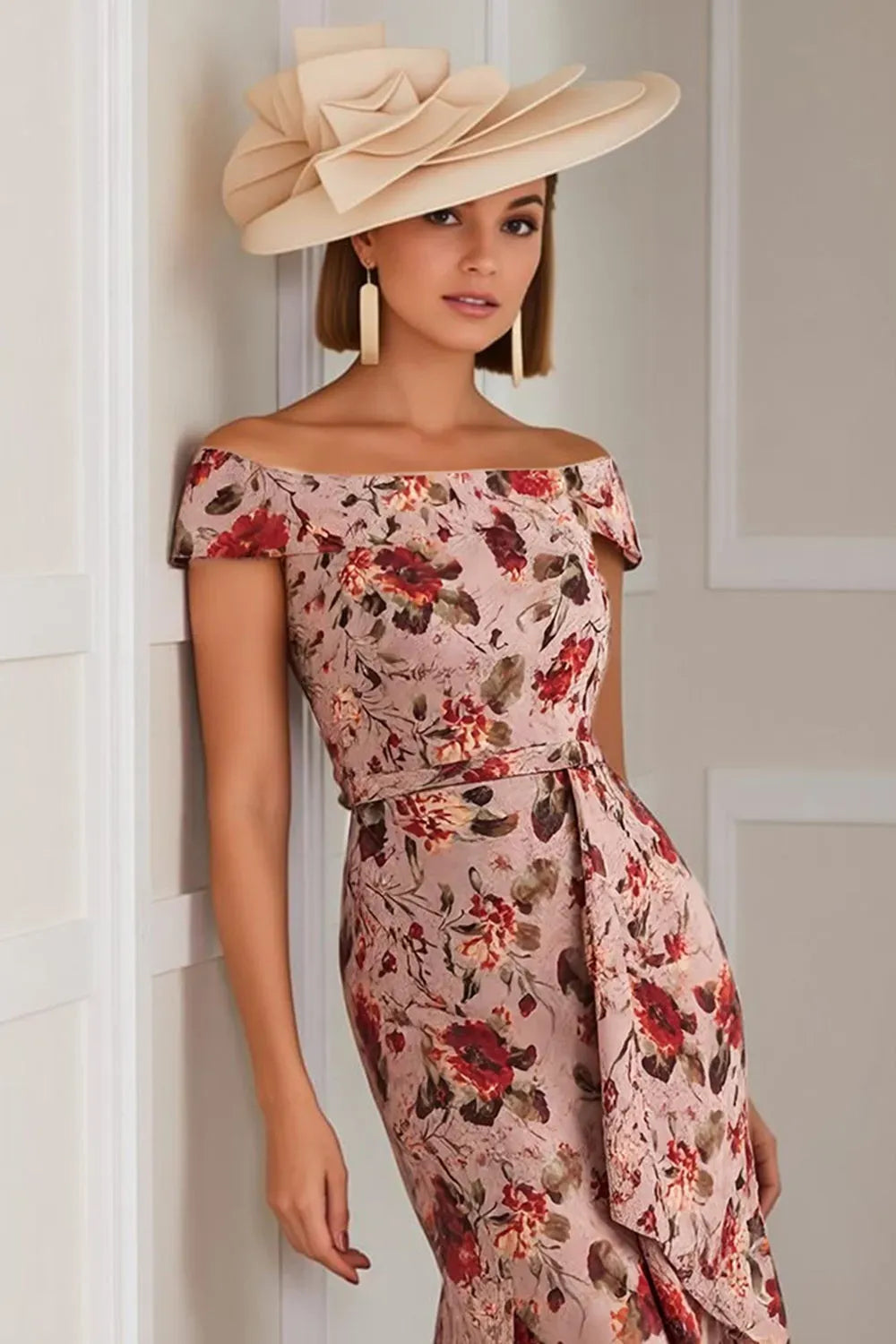 Elegant Mermaid Off Shoulder Cap Sleeve Floral Midi Mother of the Bride Dress