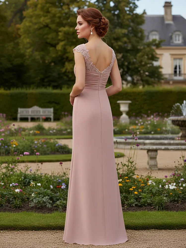 Elegant A-Line Square-Neck Lace Cap-Sleeve Floor-Length Mother of the Bride Dress