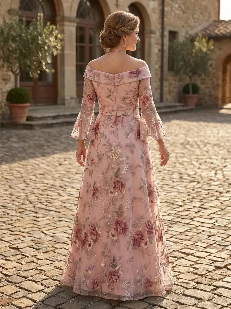 Romantic A-Line Off-Shoulder Flare-Sleeve Floral Floor-Length Mother of the Bride Dress