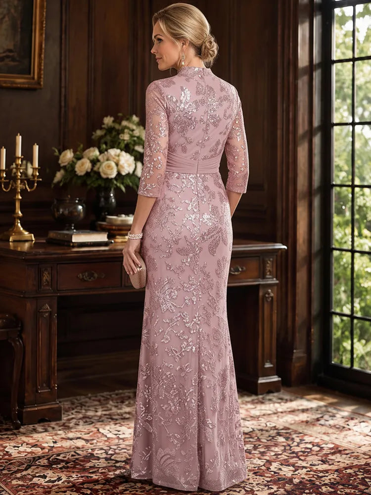 Elegant Sheath Mandarin-Neck Three-Quarter-Sleeve Sequin Floor-Length Mother of the Bride Dress