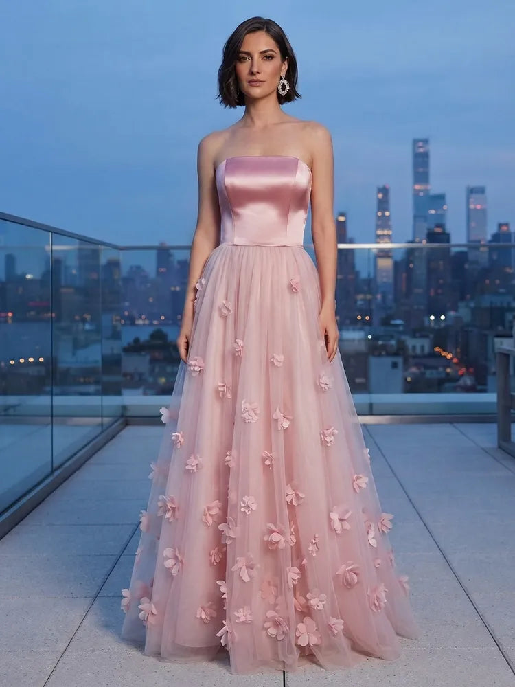 Romantic A Line Straight Neck Strapless Satin Tulle Long Prom Dress