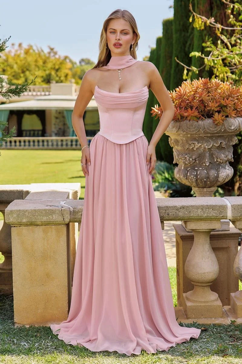 Romantic A-Line Strapless Corset Draped Floor-Length Wedding Guest Dress