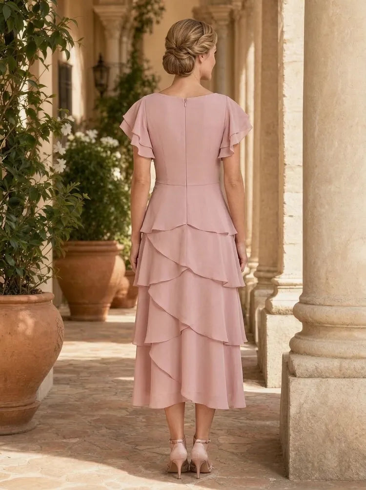 Elegant A-Line V-Neck Flutter-Sleeve Chiffon Midi Mother of the Bride Dress
