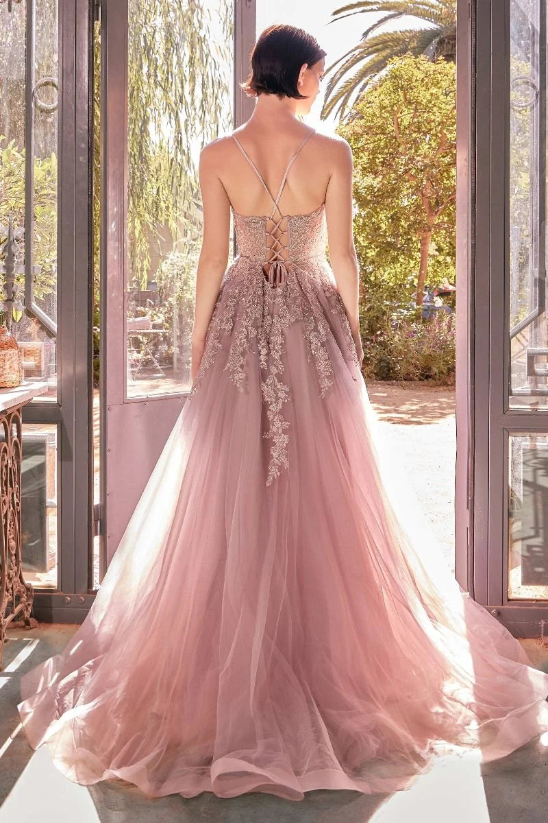 Romantic A-Line V-Neck Spaghetti-Strap Lace-Up Floor-Length Prom Dress