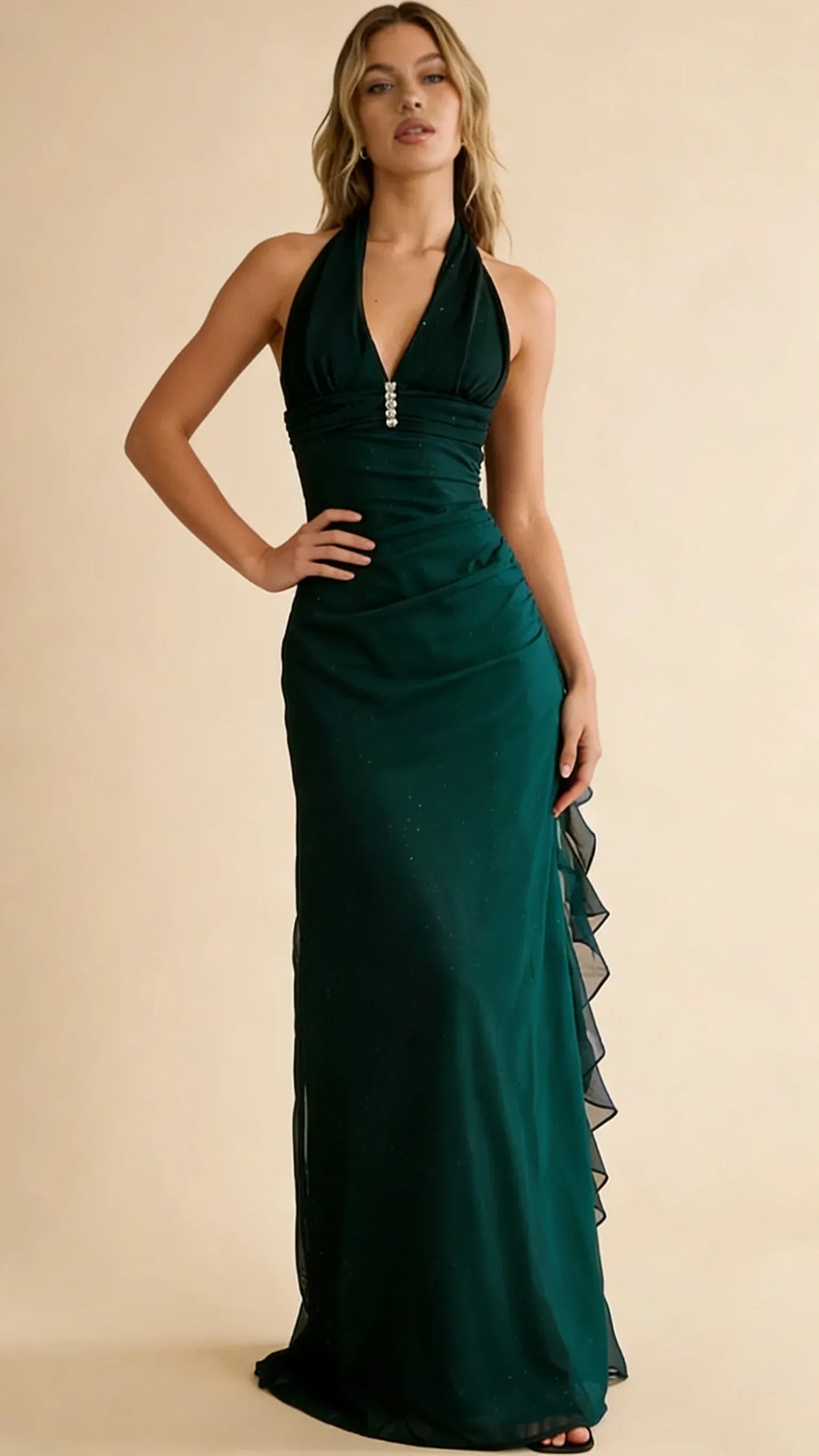Elegant Sheath Halter Sleeveless Open-Back Ruffle Floor-Length Evening Dress