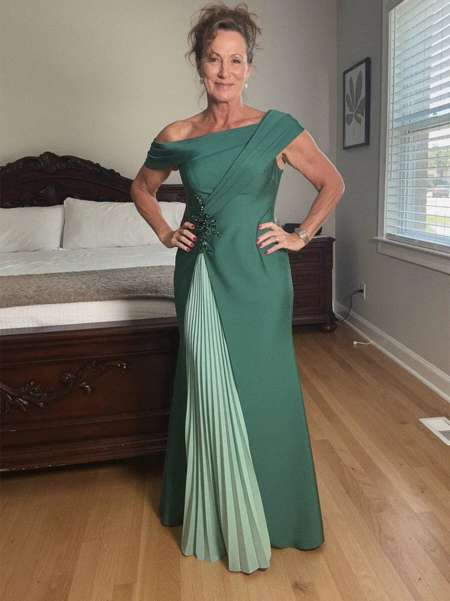 Elegant Sheath Asymmetric-Neck Sleeveless Satin Floor-Length Mother of the Bride Dress