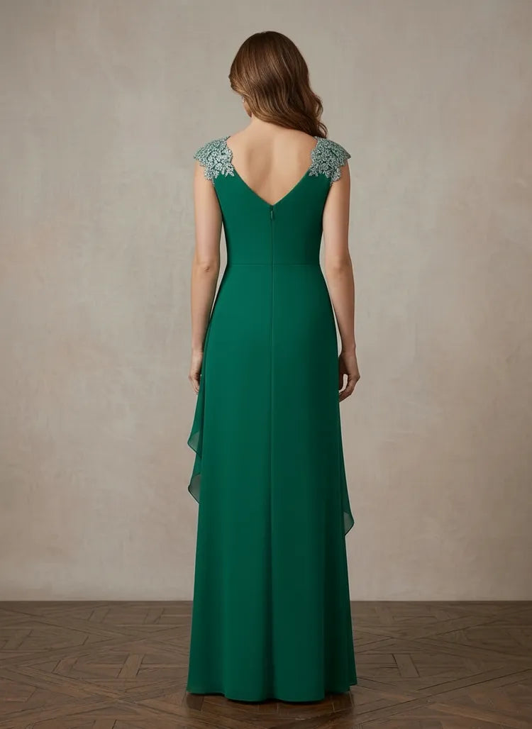 Elegant A-Line V-Neck Cap-Sleeve Beaded Floor-Length Mother of the Bride Dress