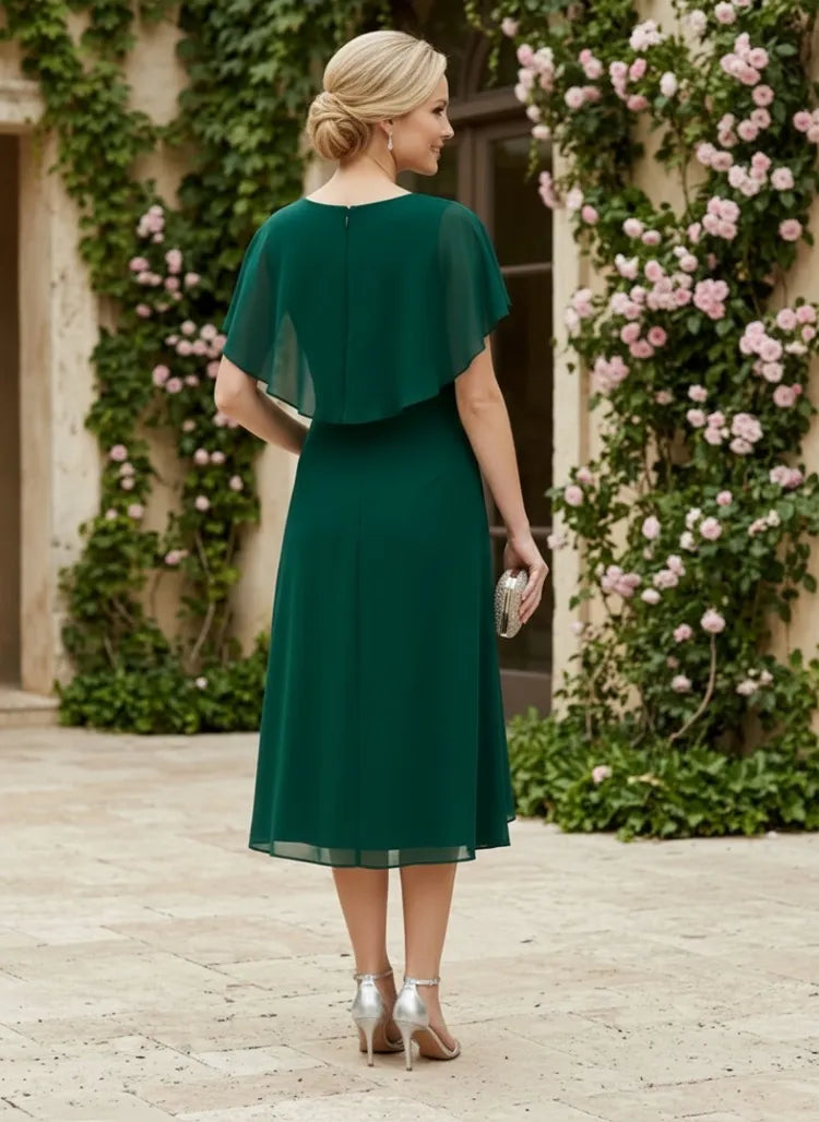 Elegant A-Line Round-Neck Cape-Sleeve Beaded Midi Mother of the Bride Dress