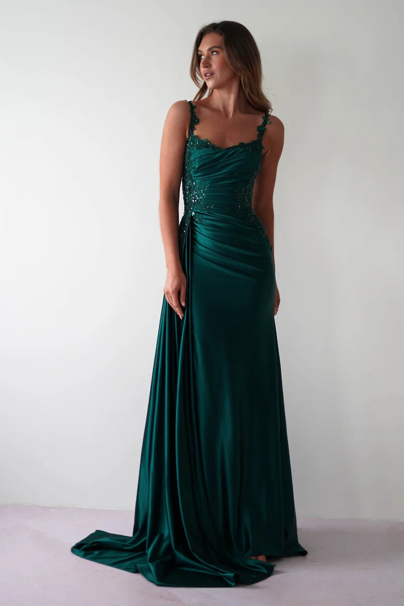 Elegant Sheath Square Neck Spaghetti Strap V Back Floor Length Prom Dress