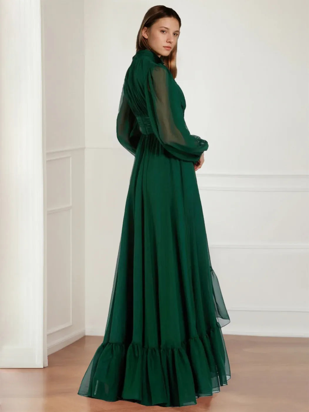 Elegant A-Line High-Neck Long-Sleeve Closed-Back High-Low Wedding Guest Dress