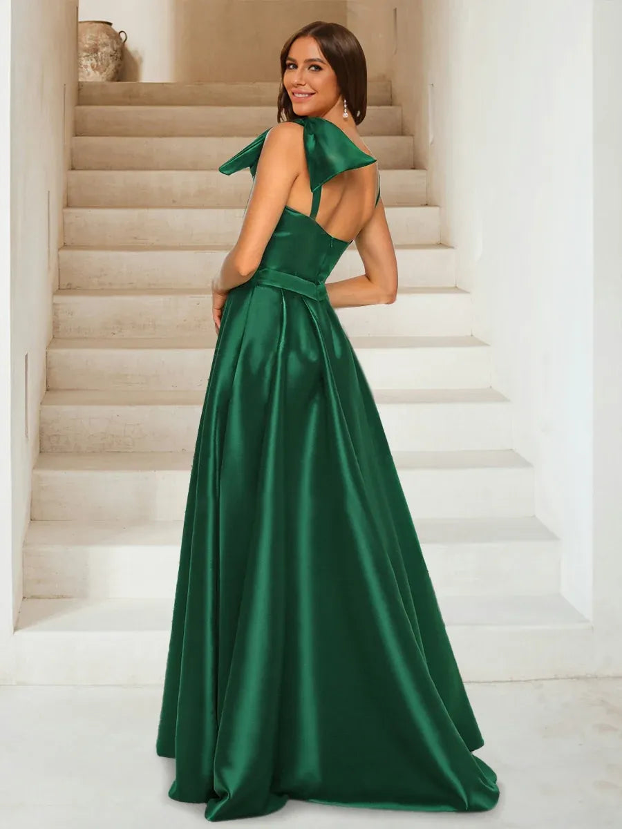 Elegant A-Line Asymmetric One-Shoulder Bow-Back Floor-Length Satin Evening Dress