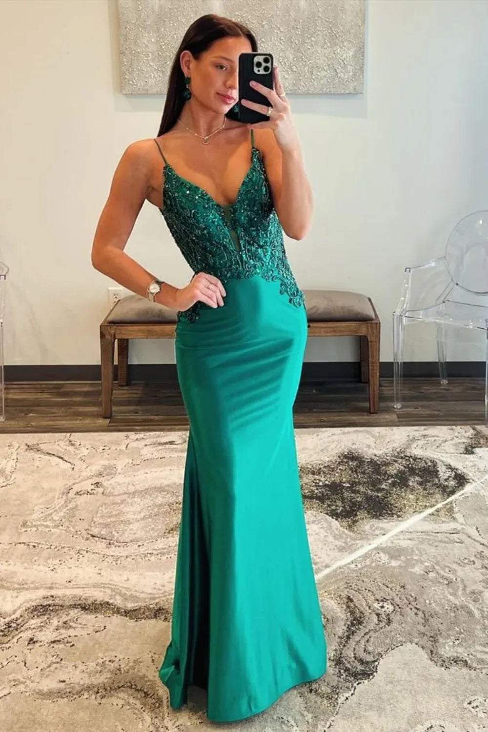 Elegant Satin Lace Mermaid V-Neck Sleeveless Open Back Floor Length Prom Dress