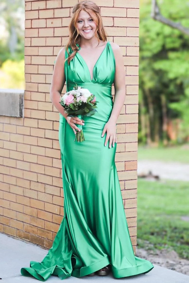Loverlm Elegant Emerald Green Satin Mermaid V-Neck Spaghetti-Strap Tie-Back Floor-Length Prom Dress