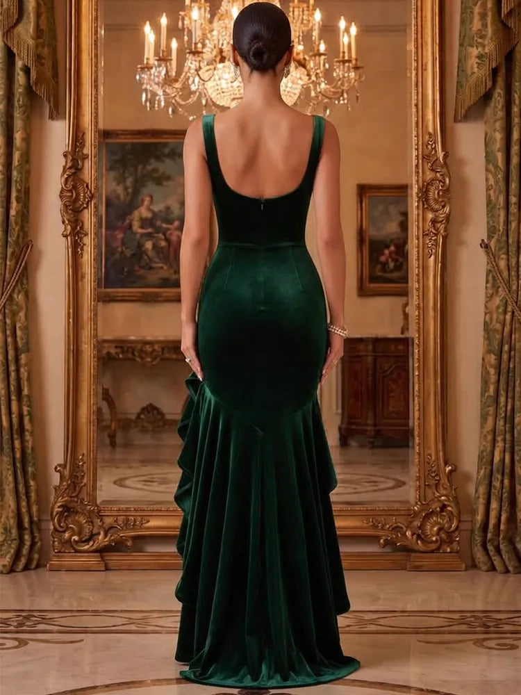 Glamorous Mermaid Square Neck Sleeveless Velvet Floor-Length Evening Dress