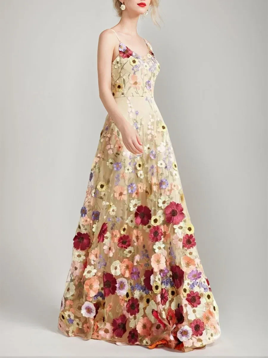 Romantic Floral A-Line Sweetheart Sleeveless Scoop-Back Floor-Length Evening Dress