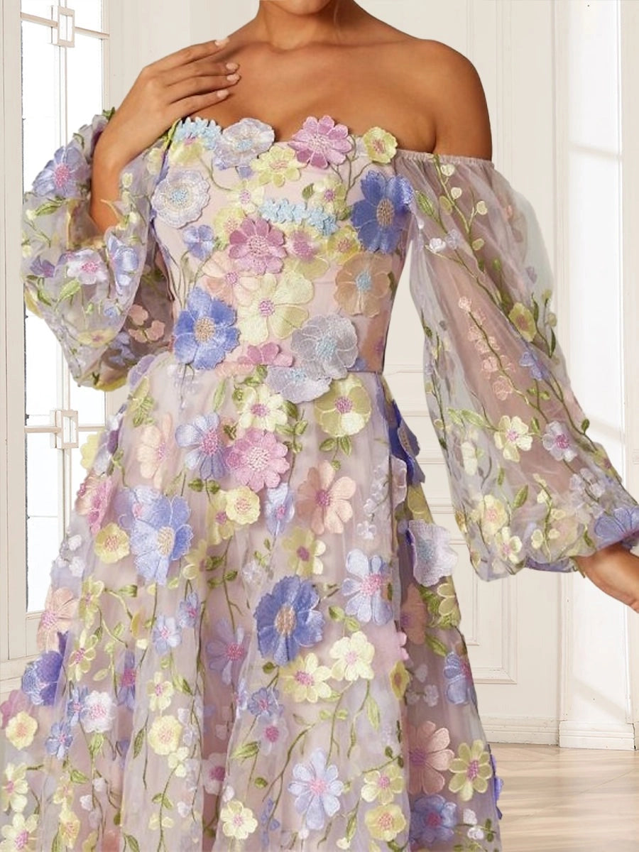 Romantic A Line Square Neck 3/4 Puff Sleeve Square Back Floral Tea Length Wedding Guest Dress