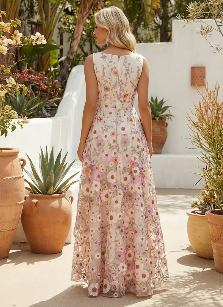 Romantic A-Line Round Neck Sleeveless Floral Tulle High-Low Wedding Guest Dress