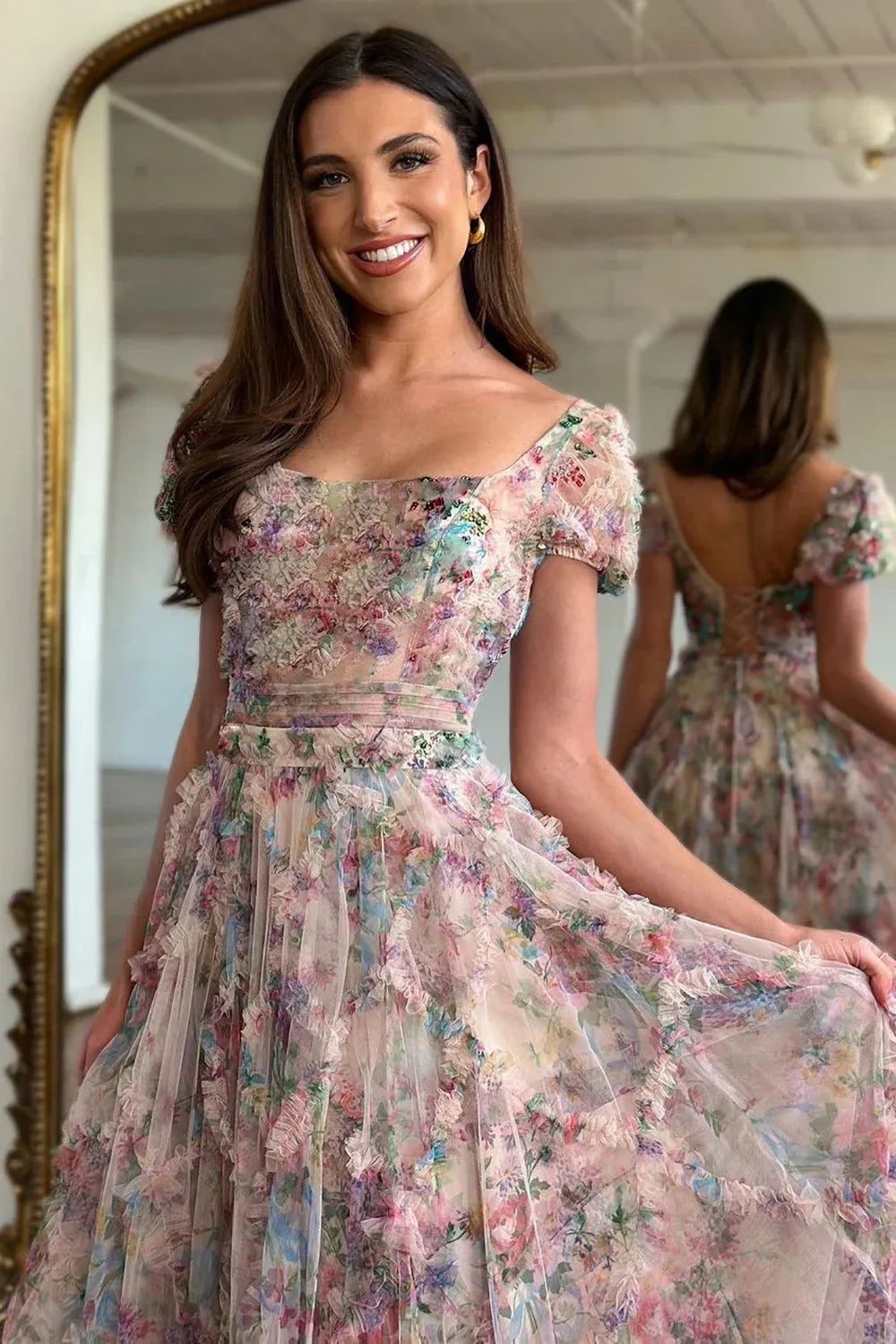 Romantic Tulle A-Line Scoop Neck Short Sleeves Lace Up Long Prom Dress