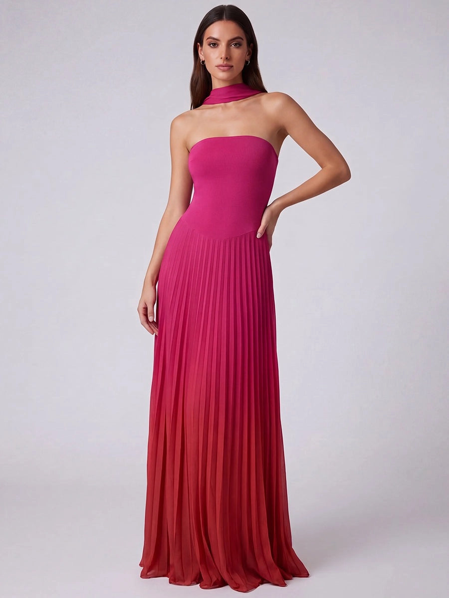 Striking Ombre Chiffon A-Line Strapless Sleeveless Open Back Pleated Floor-Length Prom Dress