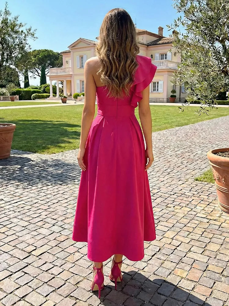 Elegant A-Line One-Shoulder Ruffle Satin Midi Wedding Guest Dress