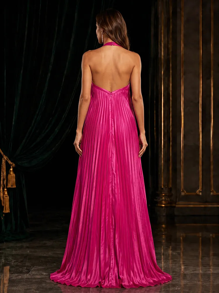 Glamorous A-Line Halter Neck Sleeveless Pleated Satin Floor-Length Evening Dress