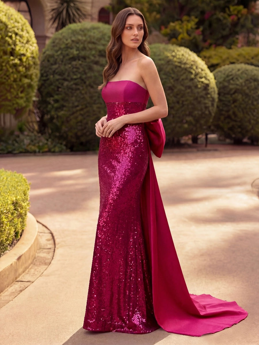 Glamorous Sequin Mermaid Strapless Sleeveless Bow Back Sweep Train Floor-Length Prom Dress