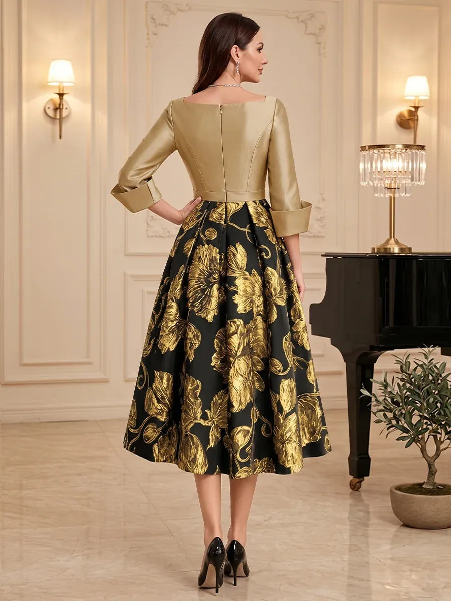 Elegant A-Line Notched Neck Puff Sleeve Closed Back Midi Mother of the Bride Dress