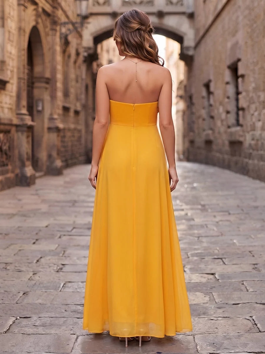 Elegant A-Line Ruffle Strapless Chiffon Floor Length Wedding Guest Dress