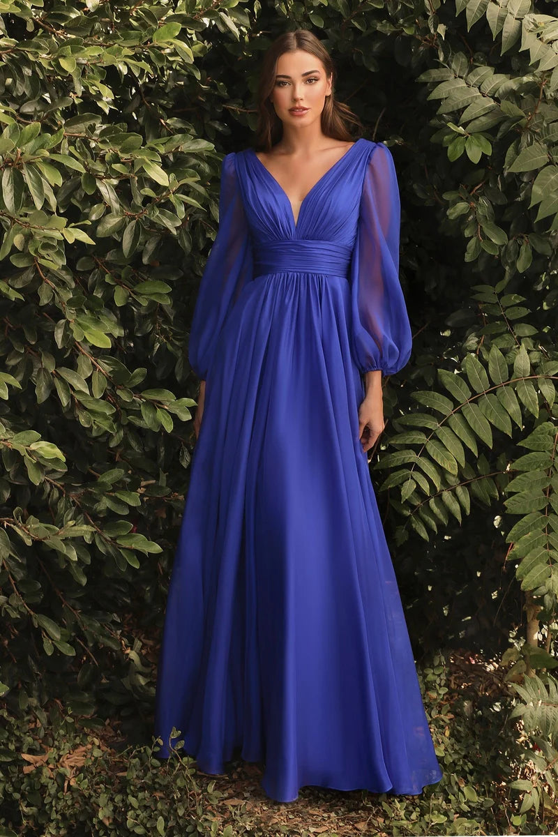 Elegant A-Line V-Neck Long-Sleeve V-Back Floor-Length Evening Dress