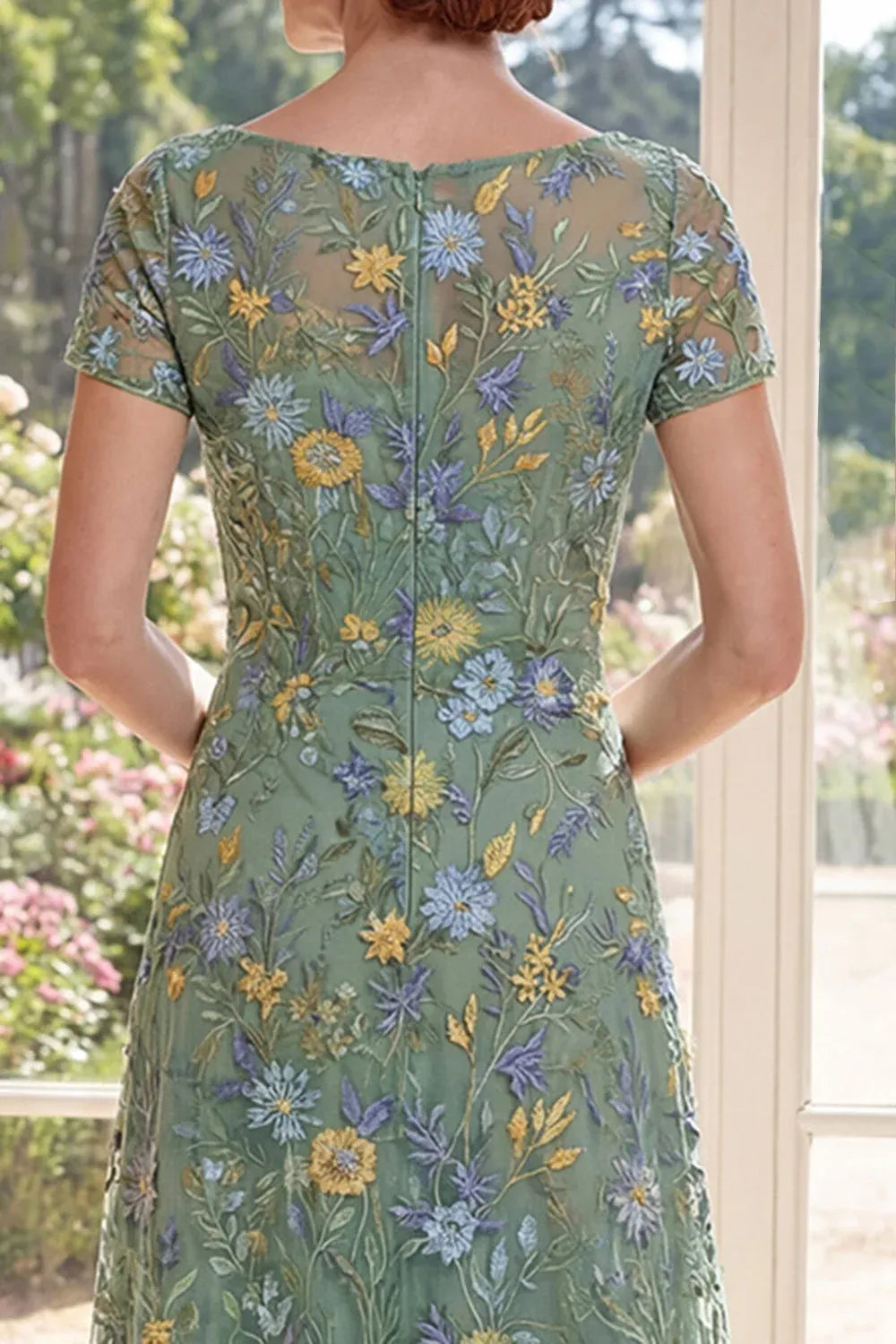 Romantic Tulle A-Line Bateau Short-Sleeve Illusion-Back Floor-Length Mother of the Bride Dress