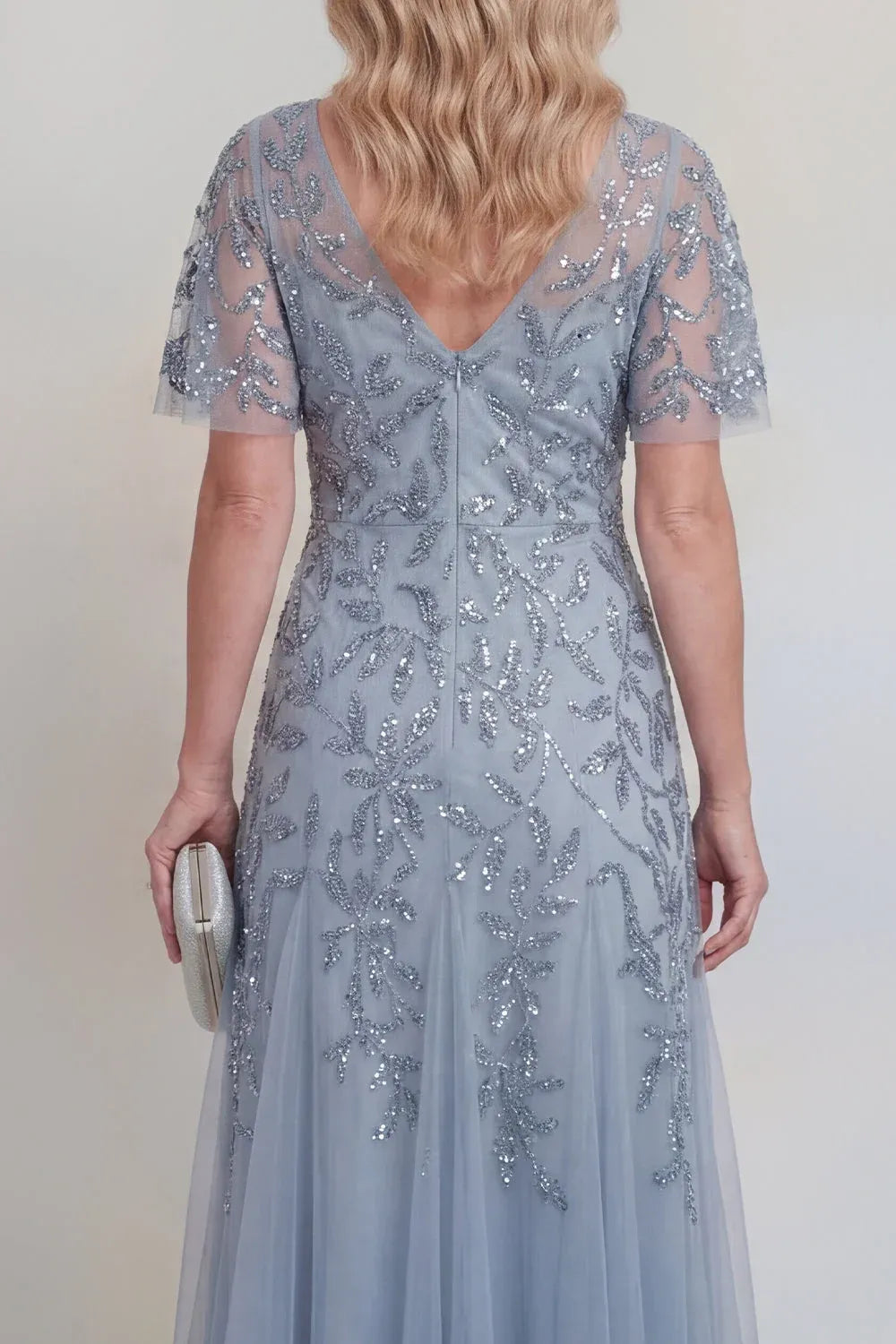 Sparkling Tulle A-Line V-Neck Flutter-Sleeve V-Back Tea-Length Mother of the Bride Dress
