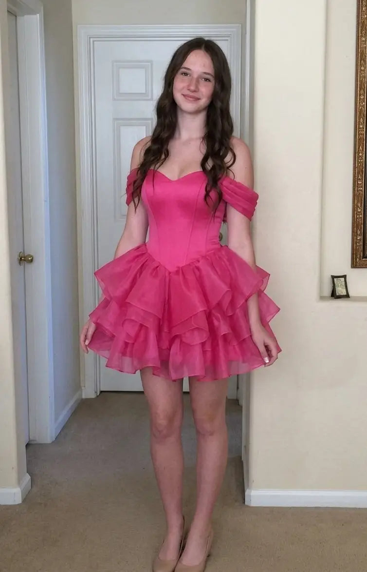 Glamorous A-Line Sweetheart Off-Shoulder Zip-Back Ruffle Mini Homecoming Dress
